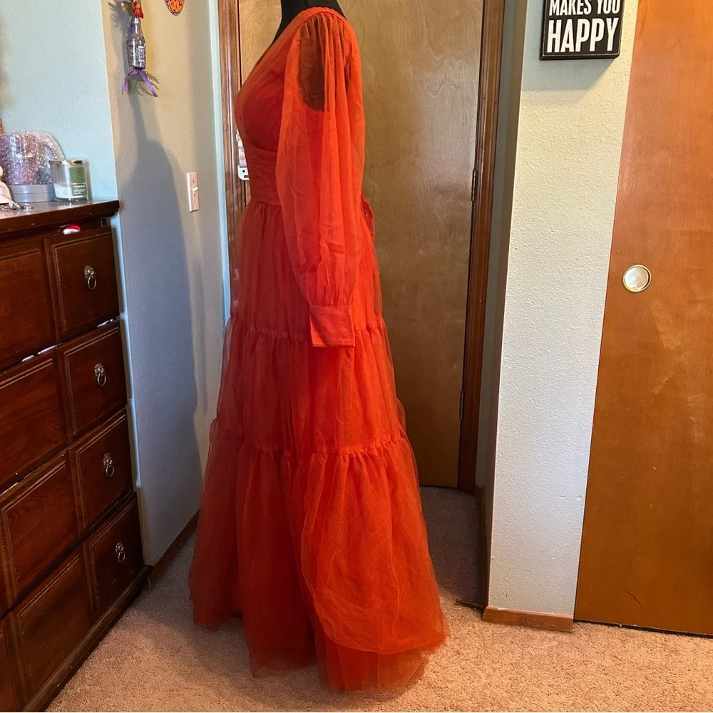 NWOT burnt orange tulle puffy sleeve long prom dress size 10 bridesmaid formal - Picture 4 of 8